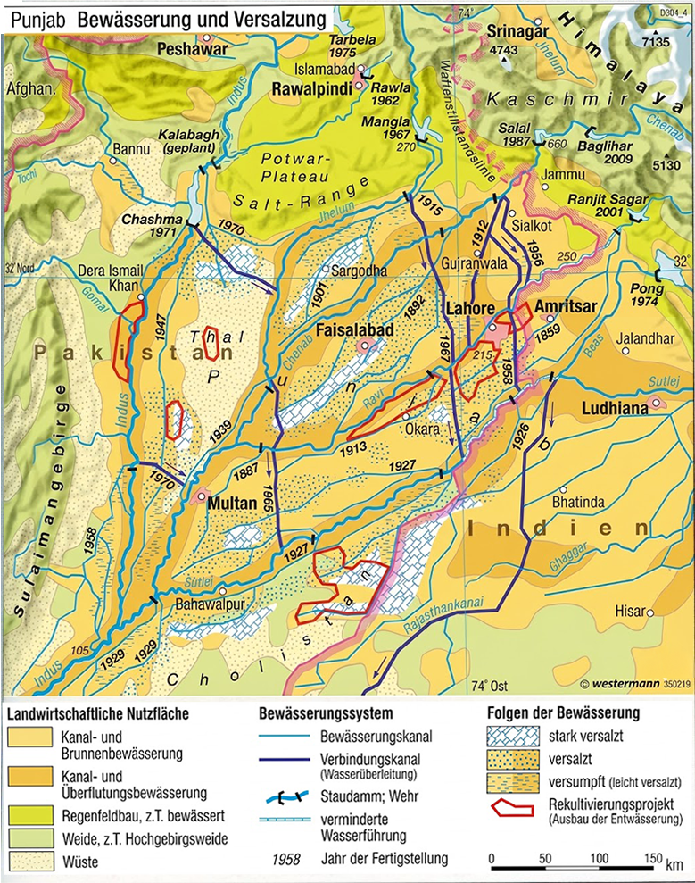 Karte des Punjab mit Flüssen, Bewässerungskanälen, Städten (Lahore, Amritsar), landwirtschaftlichen Flächen und Versalzungsgebieten.